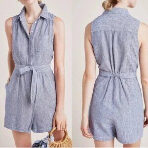 Anthropologie Blue White Striped Linen Blend Sleeveless Romper Tie Waist Size 14